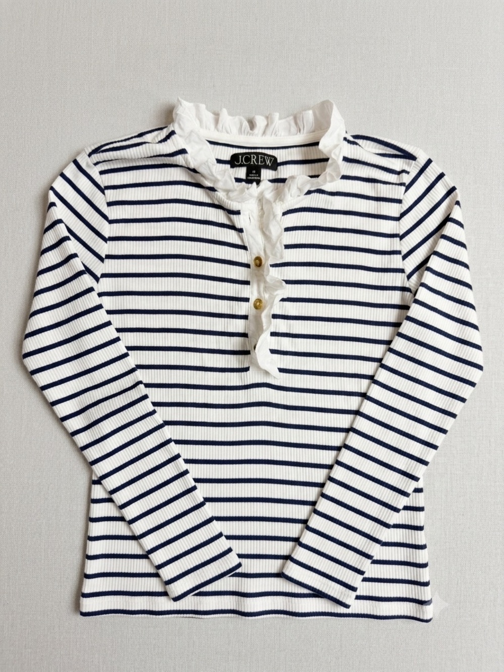 J. Crew Striped Ribbed Striped Ruffle Stretch Top Size Medium - Picture 3 of 8